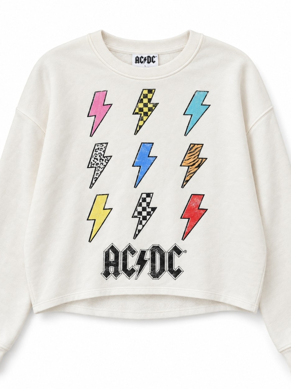 AC/DC Women’s Large Off White Cropped Sweatshirt Y2K Rocker Grunge Graphic Pullo